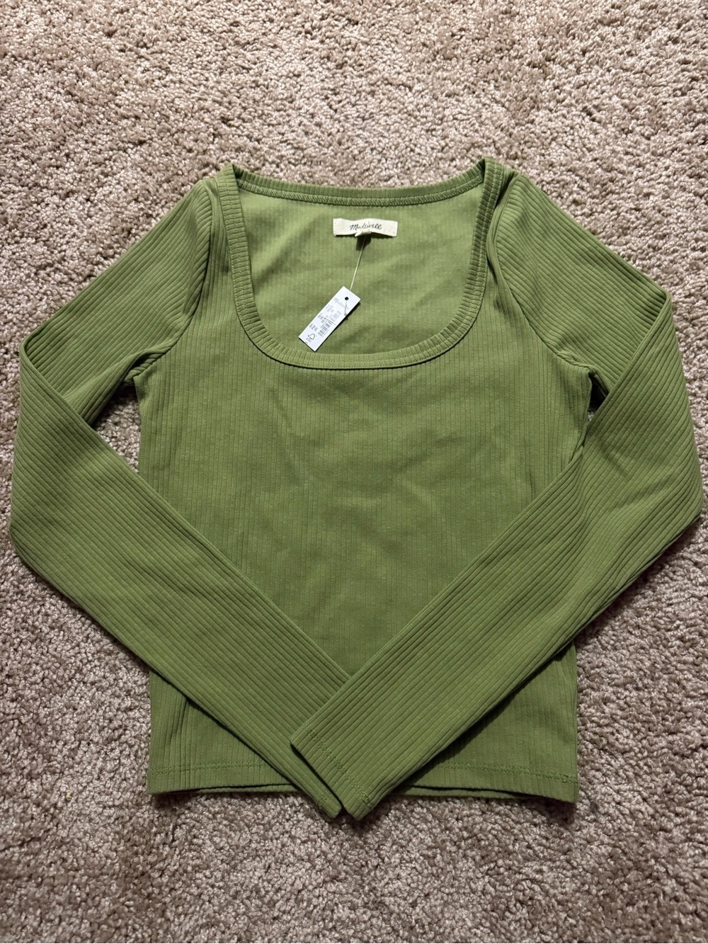 Madewell Olive Ribbed Scoop-Neck Long Sleeve Top